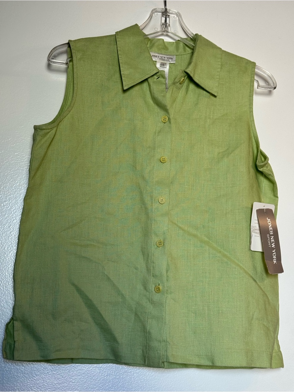 Jones New York Sleeveless Button-Front size 6 linen Green Shirt sleeveless
